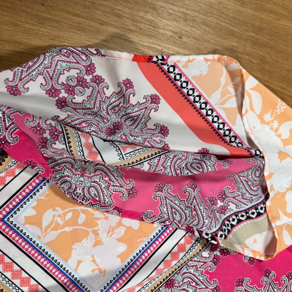 Chico's Blouse Women 2(L) Pink Orange Paisley Floral Tie Front Lightweight Sheer - Picture 3 of 9